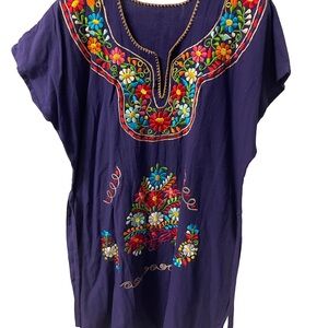 Vtg  Handmade Traditional Women’s Purple Embroidered Mexican Dress Cotton  Sz L